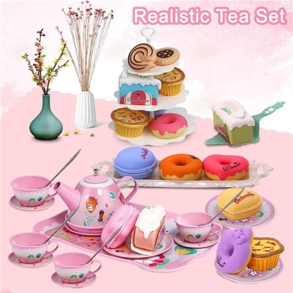 Tea Party Set for Little Girls, Princess Tea Time Toy Including Dessert,Cookies - Picture 2 of 6